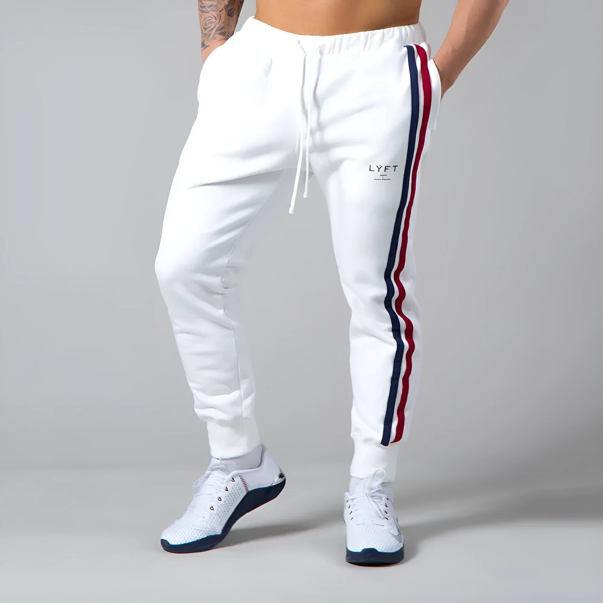 Long cotton pants for outdoor fitness and training in black, white, navy blue, and light board colours