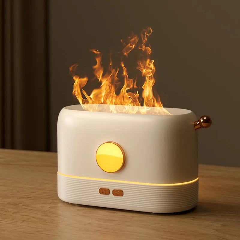 USB desktop humidifier with simulated flame effect and aroma diffusion functionality