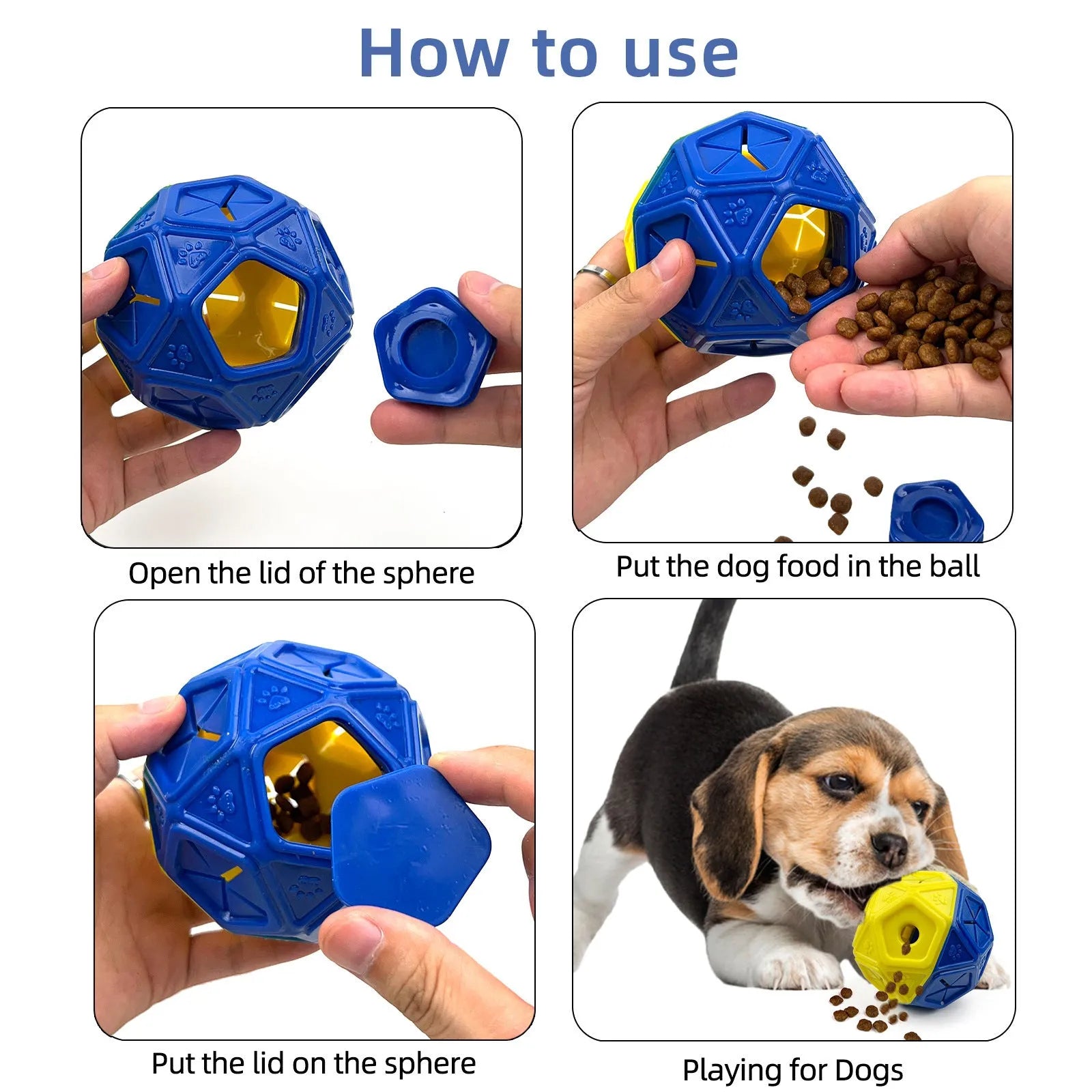 Blue and red hollow dog toy ball designed for interactive treat dispensing and bite-resistant play.