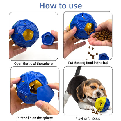Blue and red hollow dog toy ball designed for interactive treat dispensing and bite-resistant play.
