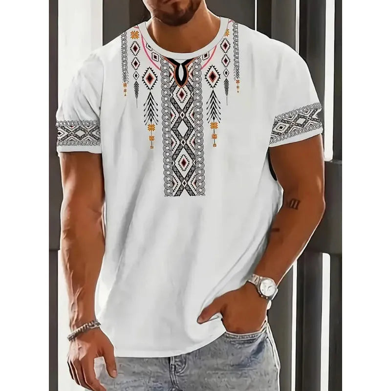 Men's loose fit digital printed T-shirt with striped pattern and short sleeves