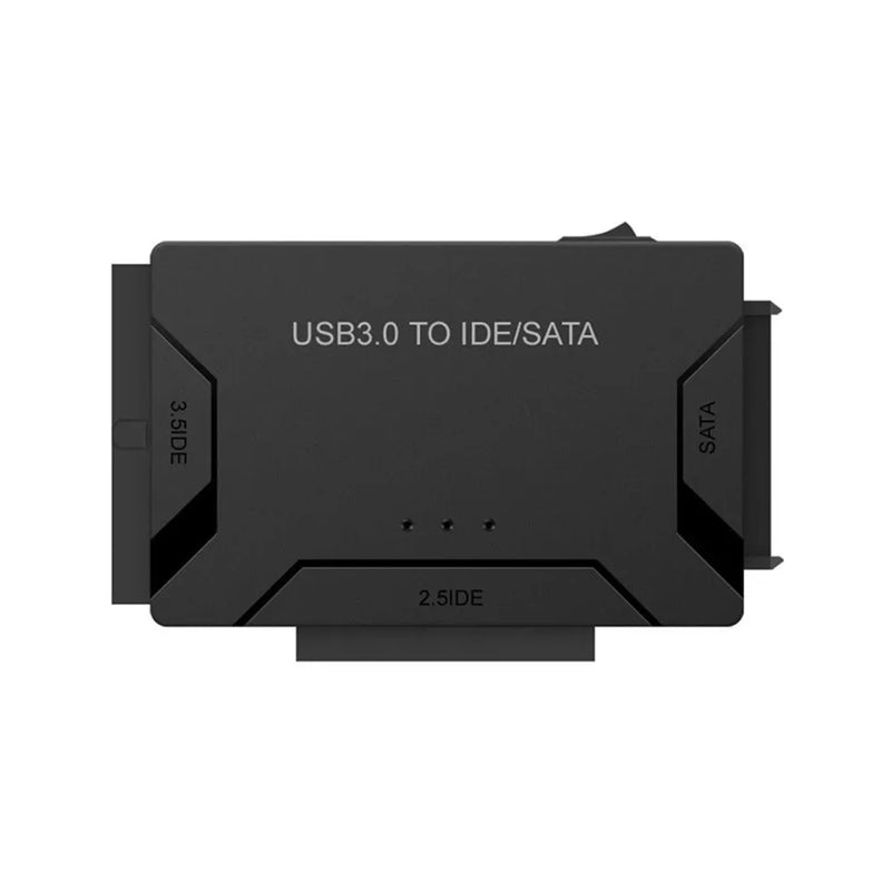 USB to IDE and SATA hard drive adapter with power supply converts 2.5-inch and 3.5-inch desktop drives for data recovery and transfer via USB 3.0 interface achieving 5Gbps speed with included 1-metre cable and international power plug options