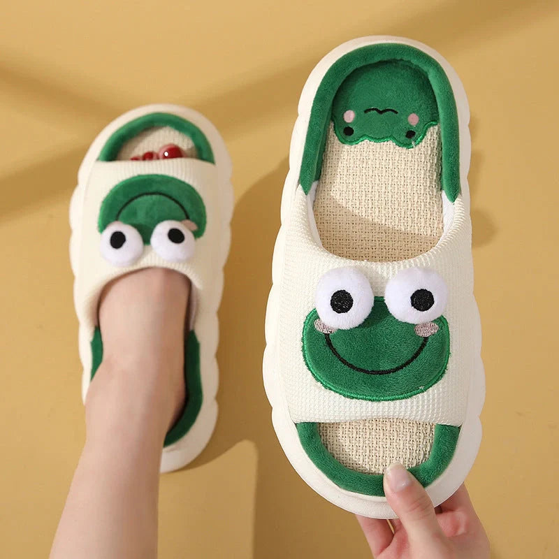 Cartoon Cow Frog Linen Slippers with non-slip PVC sole in various colours
