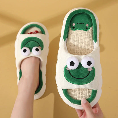 Cartoon Cow Frog Linen Slippers with non-slip PVC sole in various colours