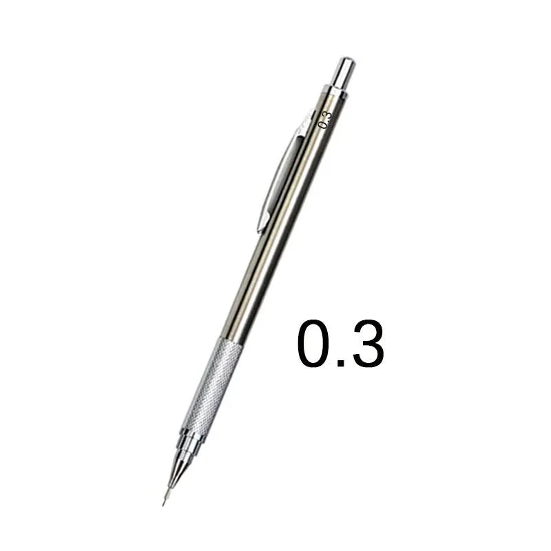 Metal automatic mechanical pencil showing multiple lead diameter options including 0.5 mm, 0.7 mm, 0.9 mm, 1.3 mm, and 2.0 mm