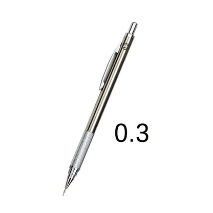 Metal automatic mechanical pencil showing multiple lead diameter options including 0.5 mm, 0.7 mm, 0.9 mm, 1.3 mm, and 2.0 mm