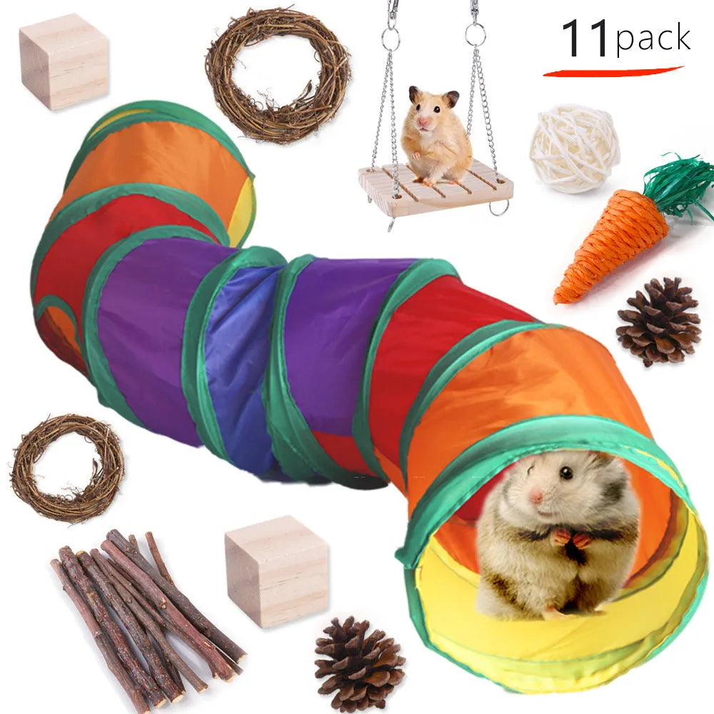 Assorted natural wooden chew toys for small pets including balls, rings, and mats on a plain background.