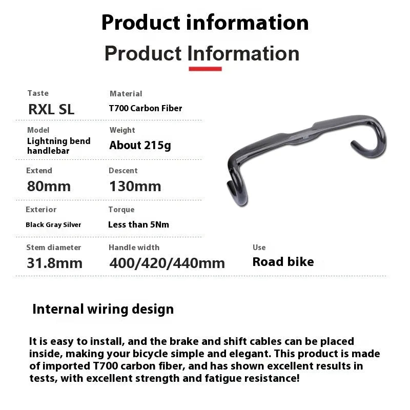Road bicycle carbon fibre drop handlebar in black, grey, and silver UD finish showing 400mm, 420mm, and 440mm size options.