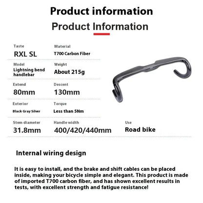 Road bicycle carbon fibre drop handlebar in black, grey, and silver UD finish showing 400mm, 420mm, and 440mm size options.