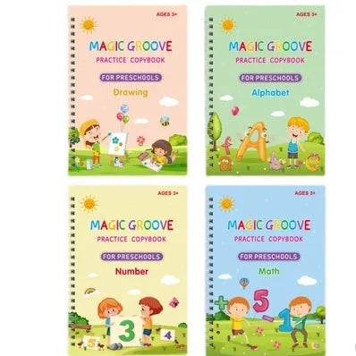 English children's handwriting practice copybook with groove design, pen, and ten refills