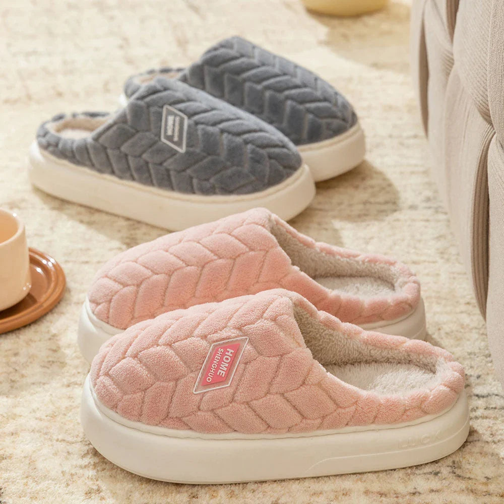 Cosy plush slippers with thick, non-slip soles and fleece lining, available in a variety of stylish colours