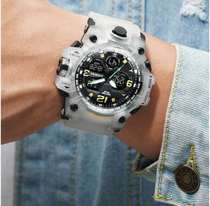 Electronic sports watch with dual analogue and digital display, plastic case, 50m waterproof, multiple colour options