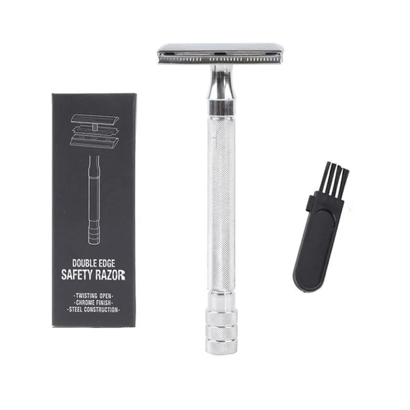 Traditional manual pogonotomy metal scraper and brush set in black or silver colour