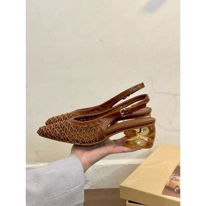 Apricot coloured women's square toe sandals with a woven pattern on the toe cap and an ankle strap.