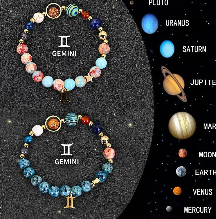 Natural stone zodiac bracelet set showing two adjustable bracelets with bead designs for astrological signs