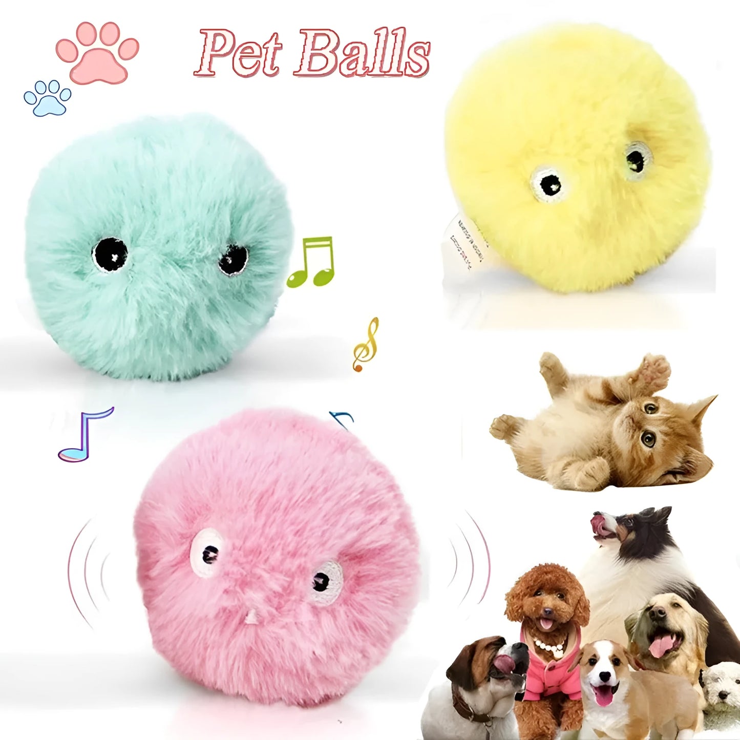 Interactive pet toy ball with three colour options triggering different animal sounds when moved