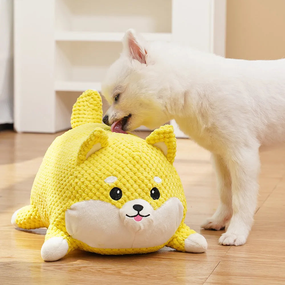 Bite-resistant plush dog toy in pillow shape with squeaker for calming and teething support