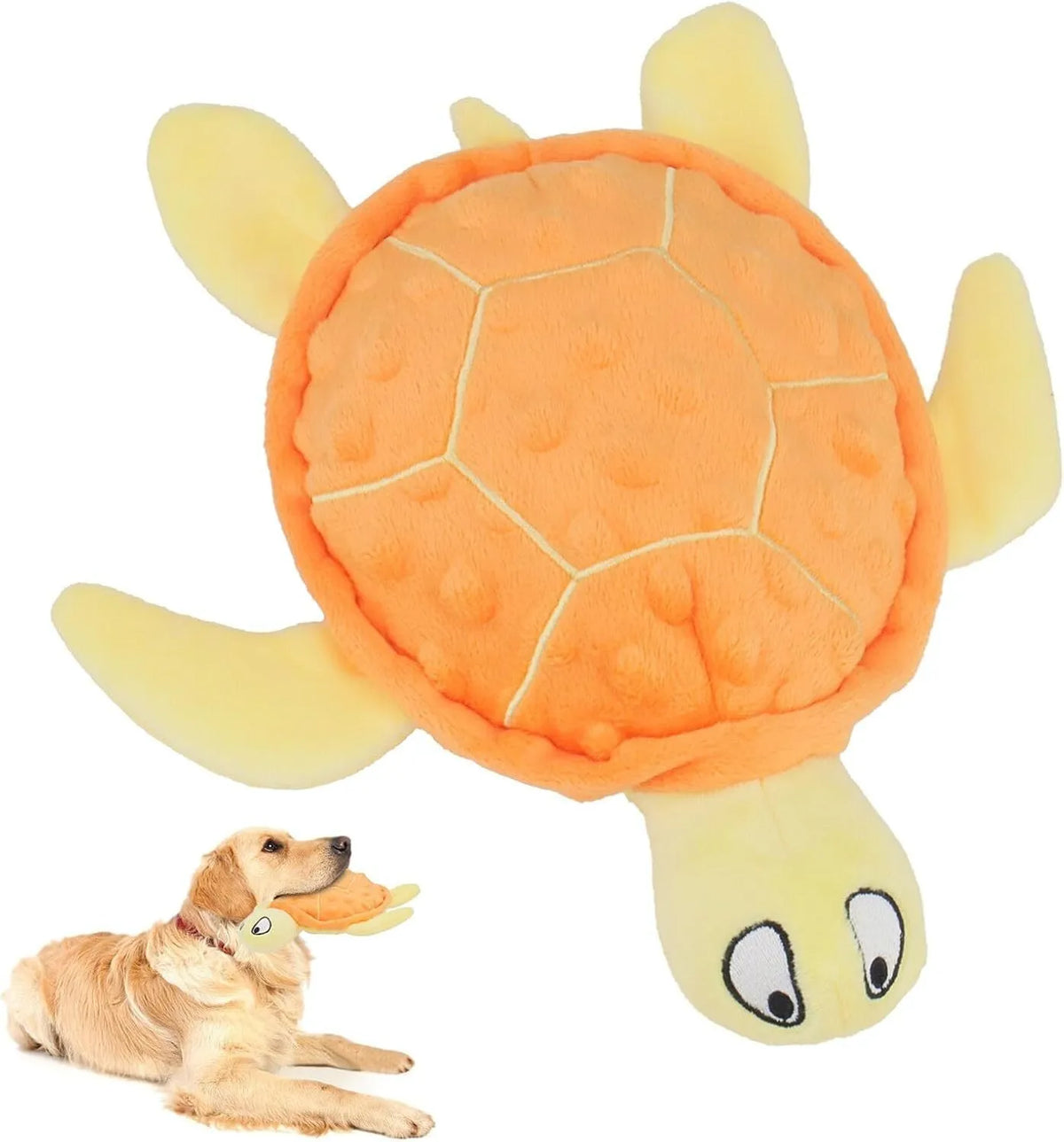 Blue sea turtle plush dog toy with squeaker, crinkle and rattle sounds for small dogs.