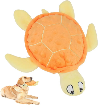 Blue sea turtle plush dog toy with squeaker, crinkle and rattle sounds for small dogs.