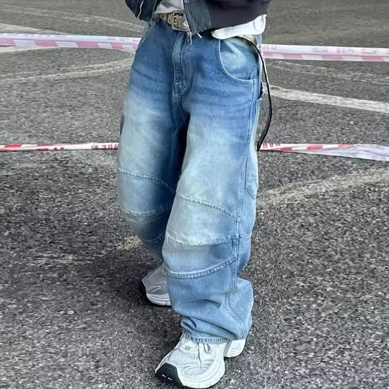 Men's jeans baggy straight-leg washed denim trousers in blue with zip fly and mid-weight cotton fabric available in sizes M L XL XXL for casual everyday wear with Asian sizing advice