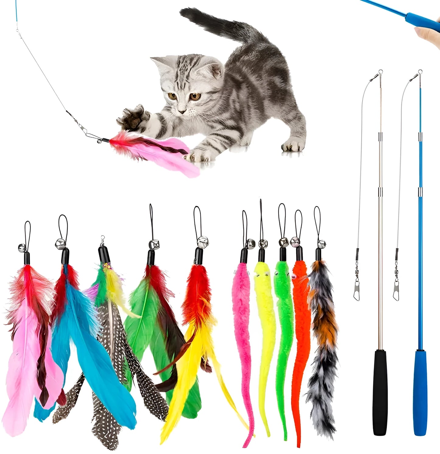 Handheld cat teaser fishing rod with colourful feather head attached to a 50cm long pole
