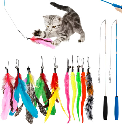 Telescopic cat teasing wand with colourful feather lures on a blue background, showing spare heads and extended length.
