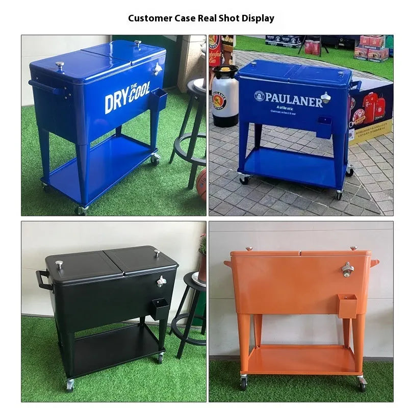 Red outdoor insulated picnic trolley with metal heat preservation box and wheels