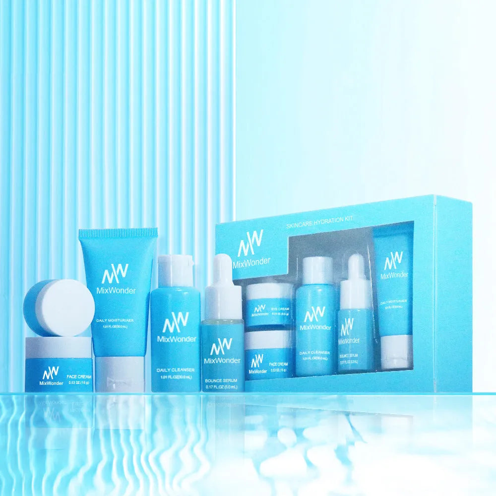 Five-piece travel skincare set with moisturising, cleansing, tonic, lotion, cream and eye lotion products