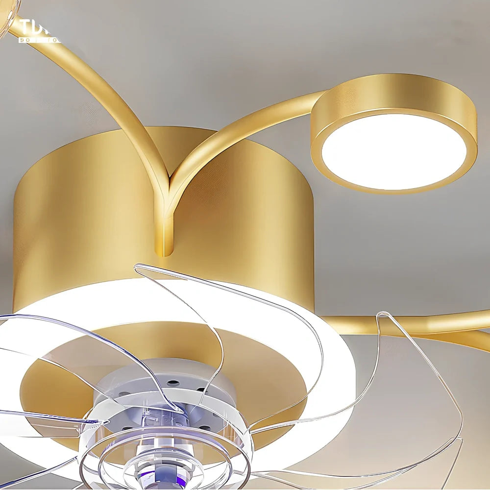 Modern ceiling fan lamp with circular PMMA shade and remote control in black or gold finish