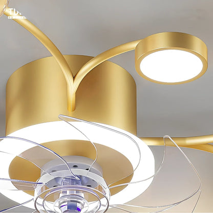 Modern ceiling fan lamp with circular PMMA shade and remote control in black or gold finish