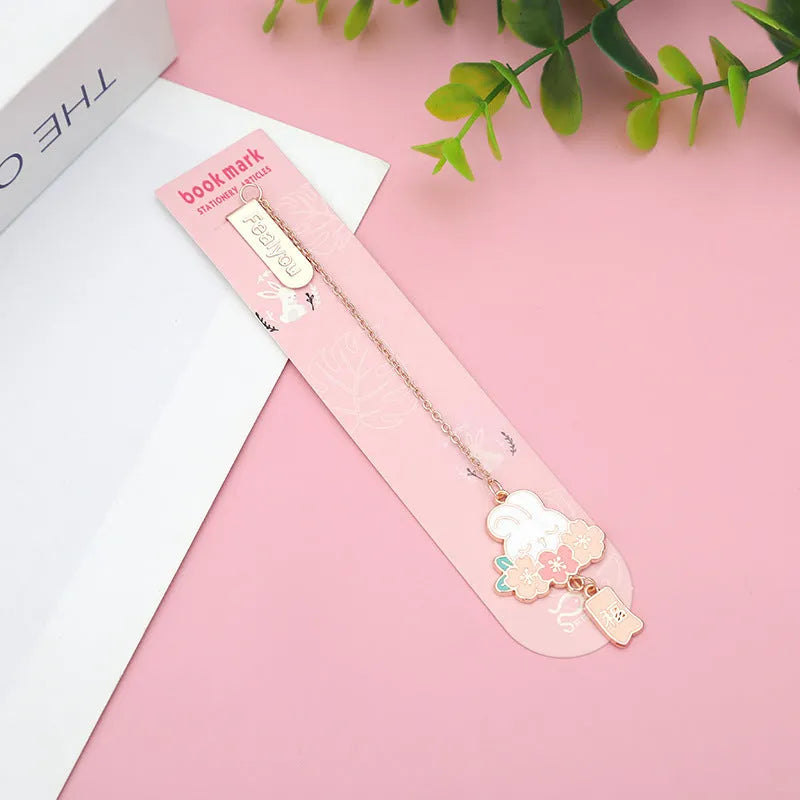 Metal bookmark holder with cartoon cherry blossom cat and rabbit designs