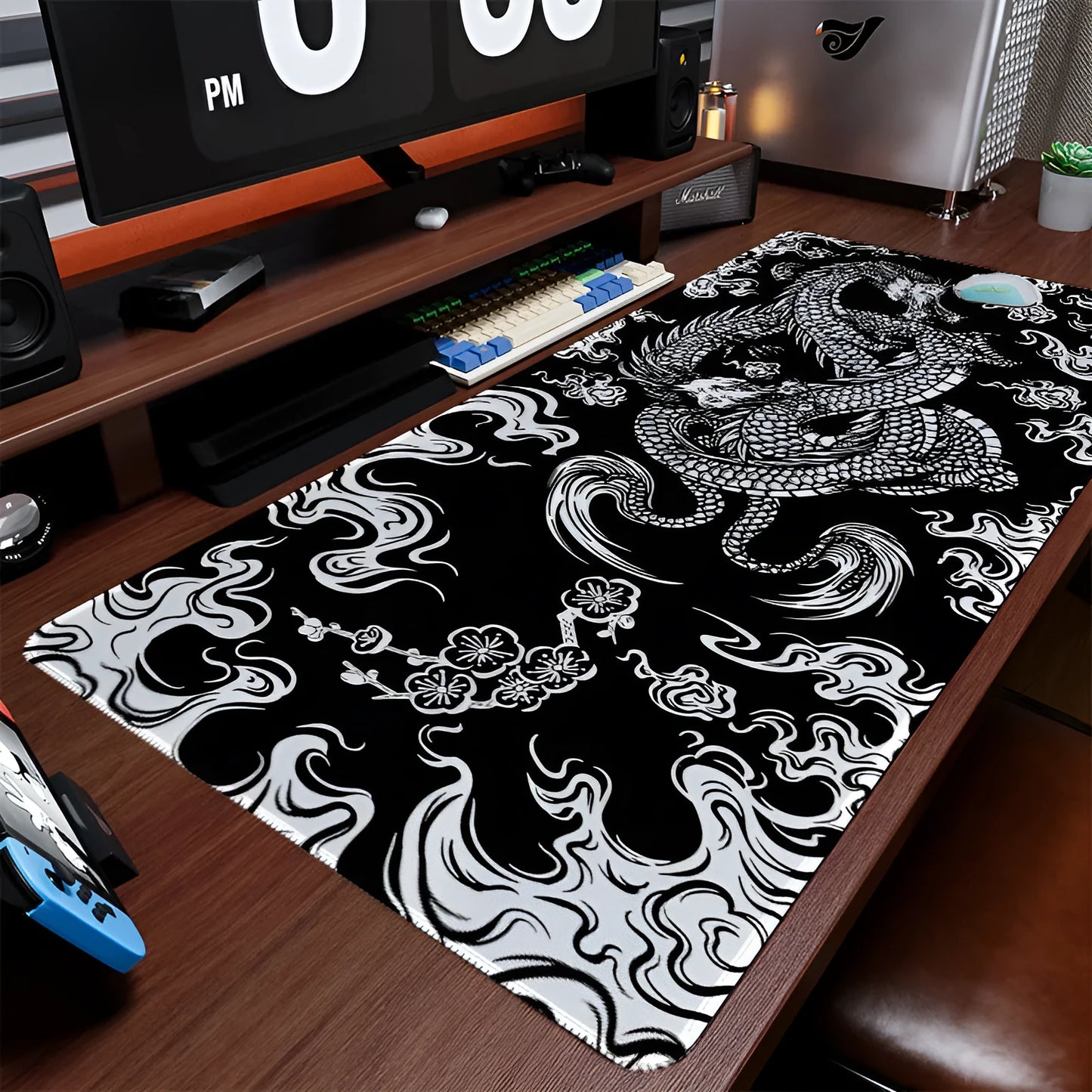 Esports mouse pad with detailed dragon artwork, showing cloth surface and non-slip base in various size options.