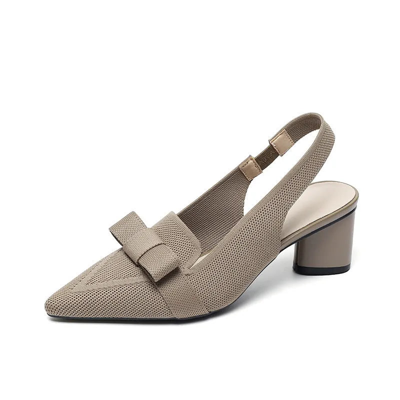 Women's closed toe high heel sandals with back strap and decorative bow in fabric uppers