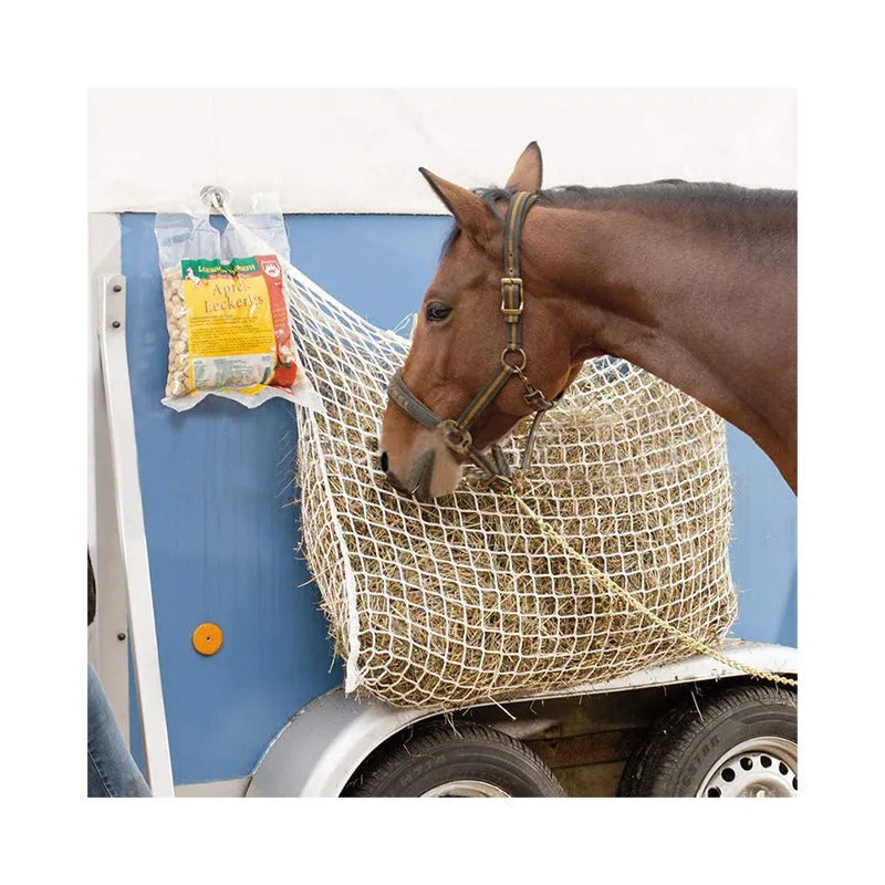 Black woven grid hanging feeding bag for horses, showing size and rope construction.