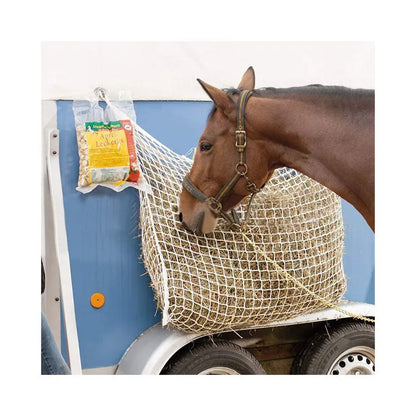 Black woven grid hanging feeding bag for horses, showing size and rope construction.