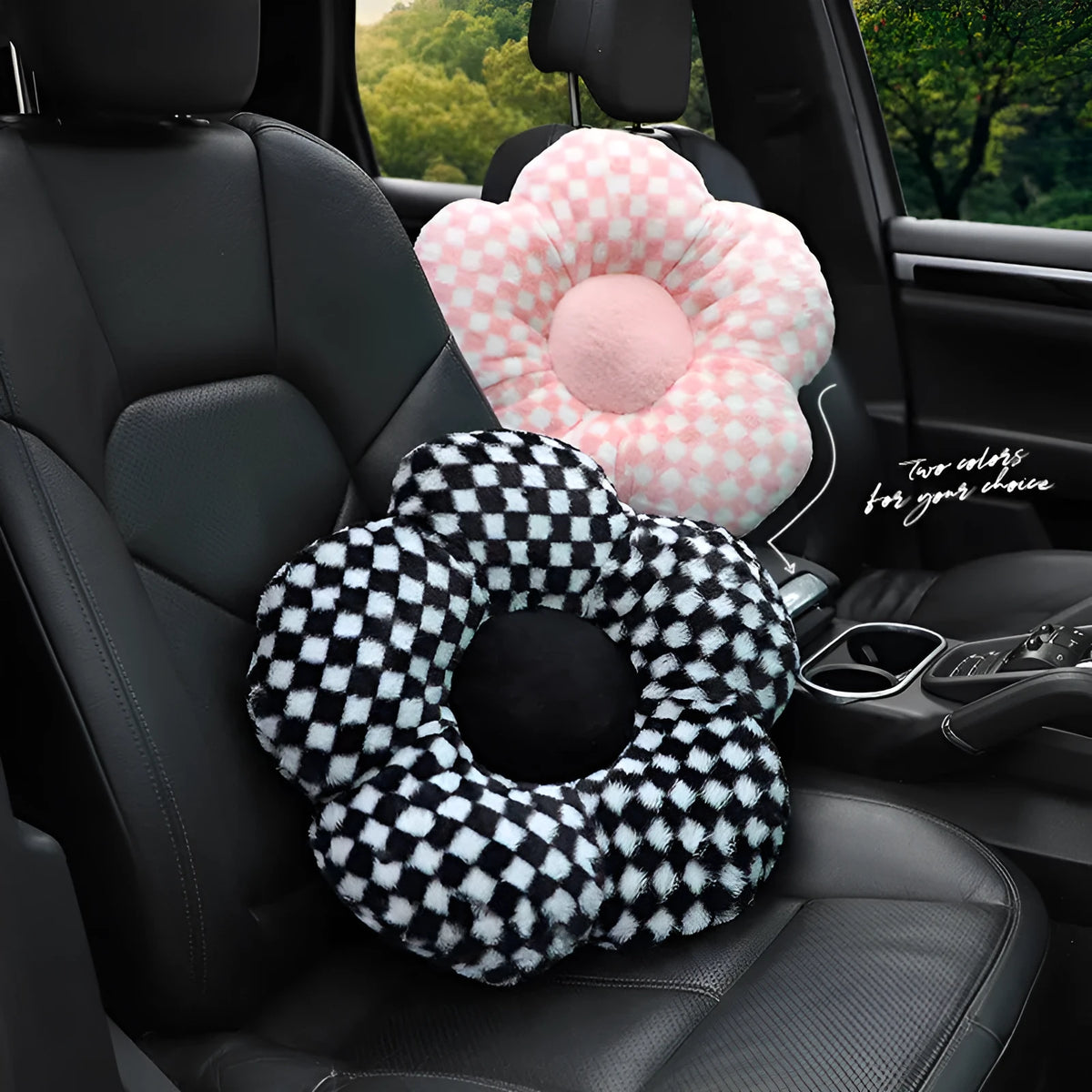 Black and white check car headrest neck pillow with plush material and lumbar support function