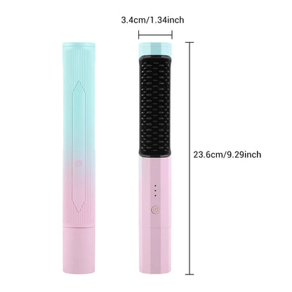 Pink cordless straightening brush with wide nylon teeth and an anti-scald shell on a bathroom counter.