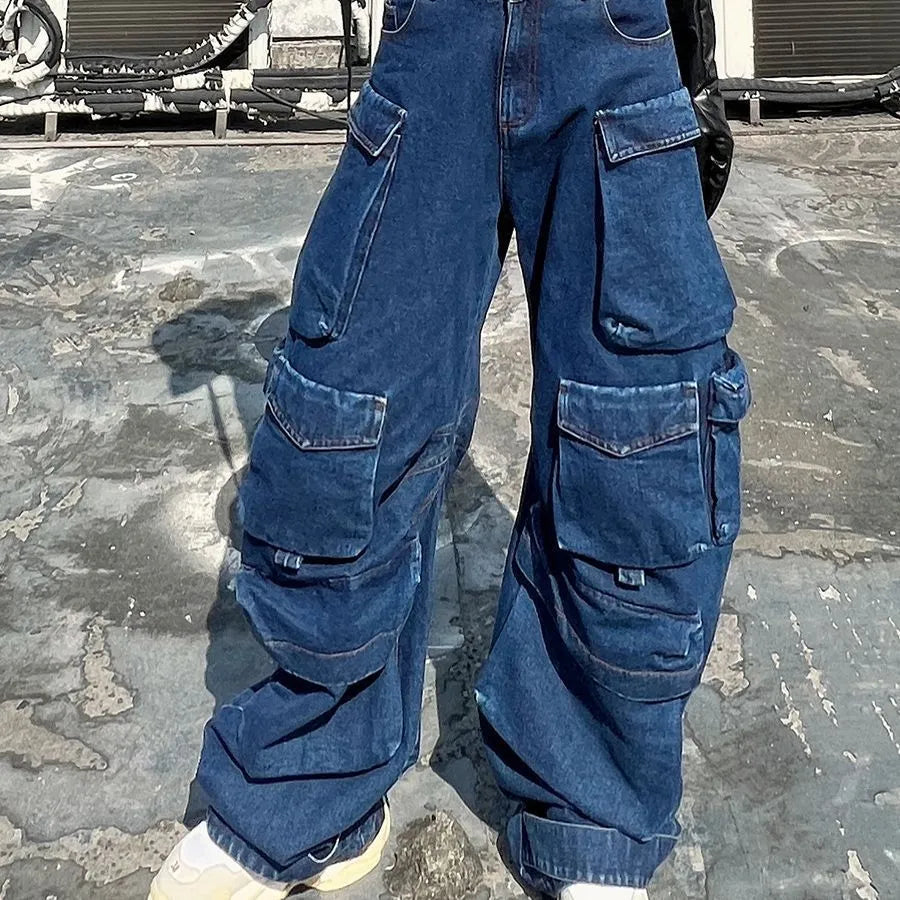 Dark blue distressed wide-leg women's jeans with high waist and multiple pockets on cotton denim fabric
