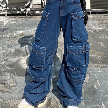 Dark blue distressed wide-leg women's jeans with high waist and multiple pockets on cotton denim fabric