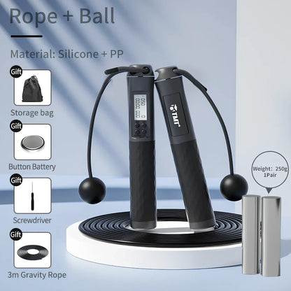 Digital counter jumping rope with adjustable length and silicone grips in black, blue, or pink colours