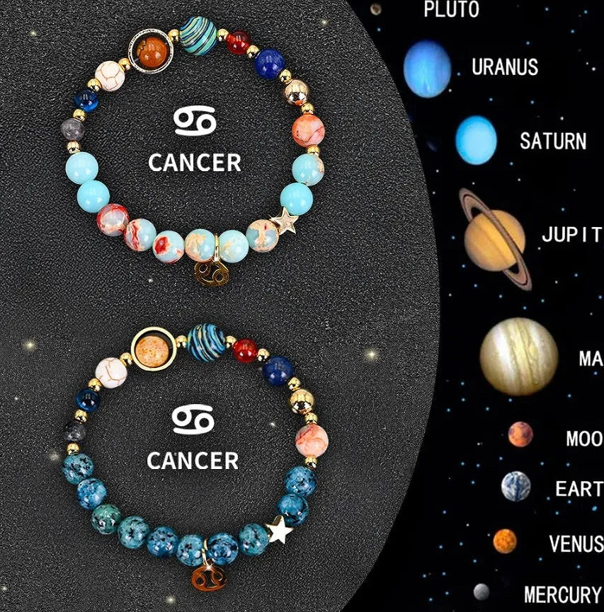 Natural stone zodiac bracelet set showing two adjustable bracelets with bead designs for astrological signs