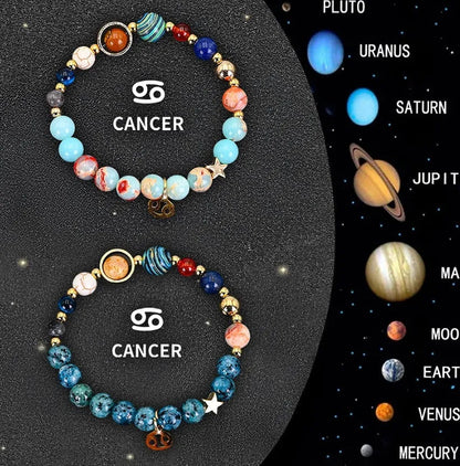 Natural stone zodiac bracelet set showing two adjustable bracelets with bead designs for astrological signs
