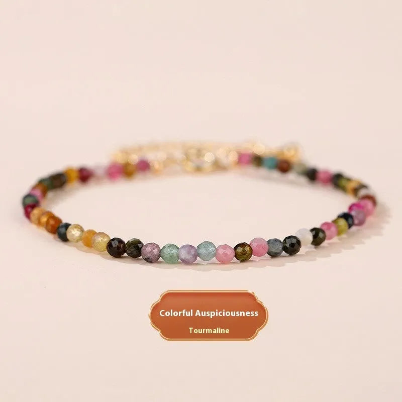 Adjustable natural crystal bracelet with 3mm diamond-cut beads in various gemstone options