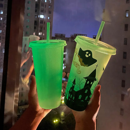 720ml plastic sippy cup with Halloween luminous straw, cylindrical shape, 17.5cm height