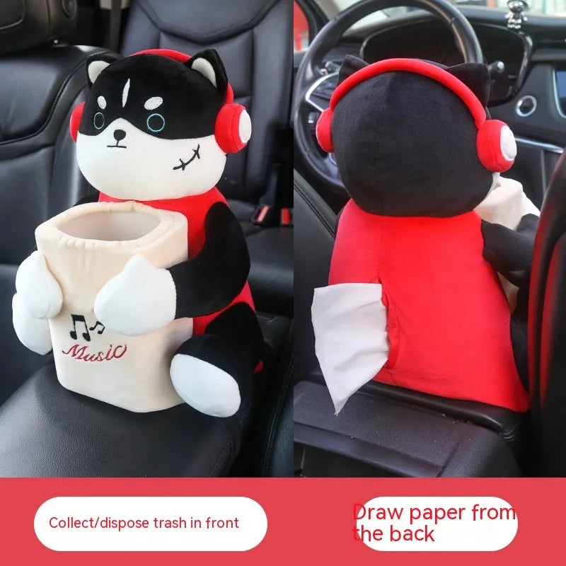 Plush fabric car tissue box organiser hanging from car armrest with flip-top design