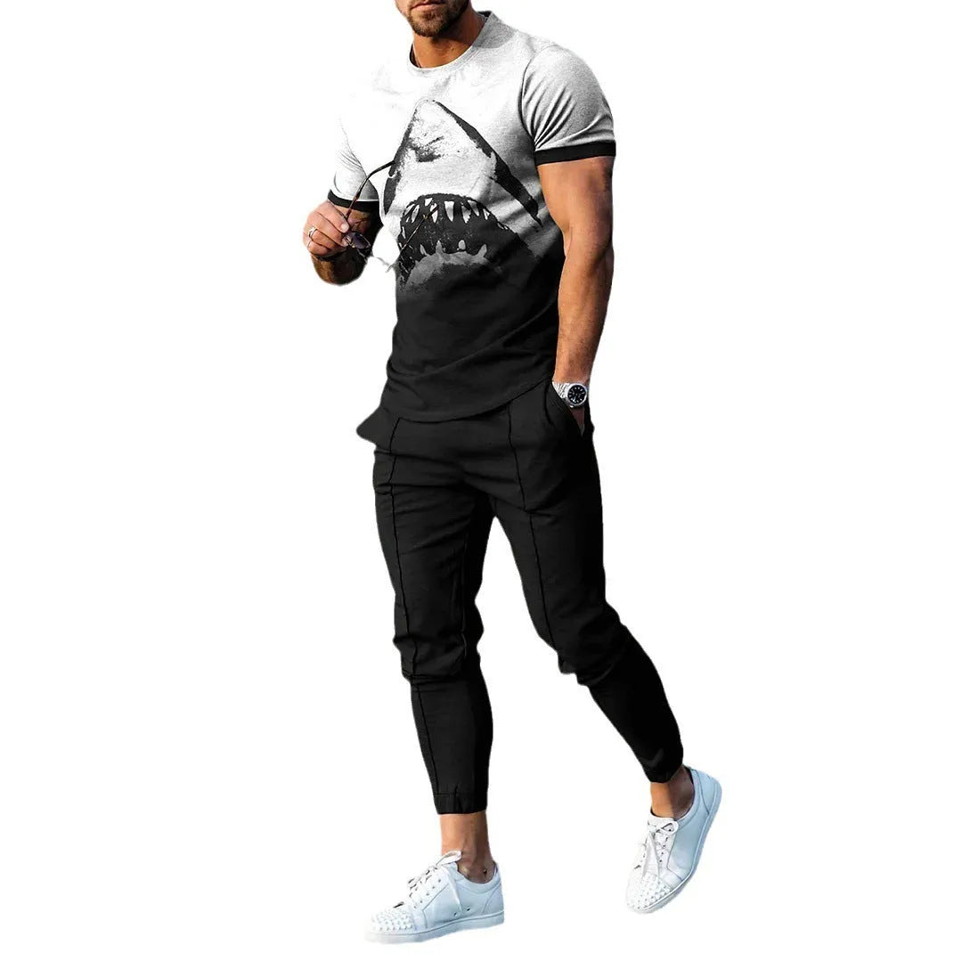 Men's printed short-sleeved pullover and trousers set in polyester blend fabric