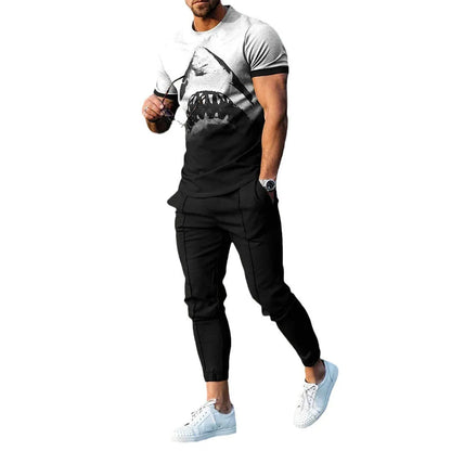 Men's printed short-sleeved pullover and trousers set in polyester blend fabric