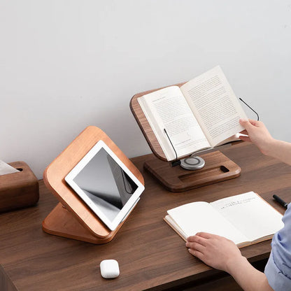Walnut coloured solid wood adjustable reading rack with rotating base holding a book