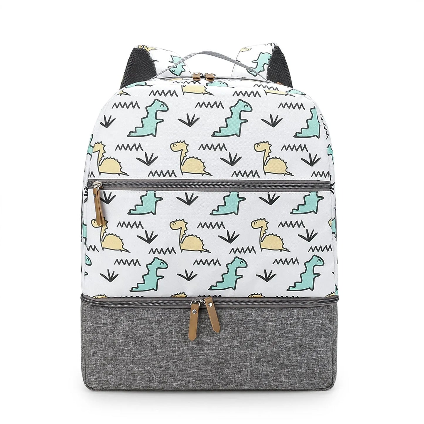 Grey insulated mother and child travel backpack with curved shoulder straps shown from the side