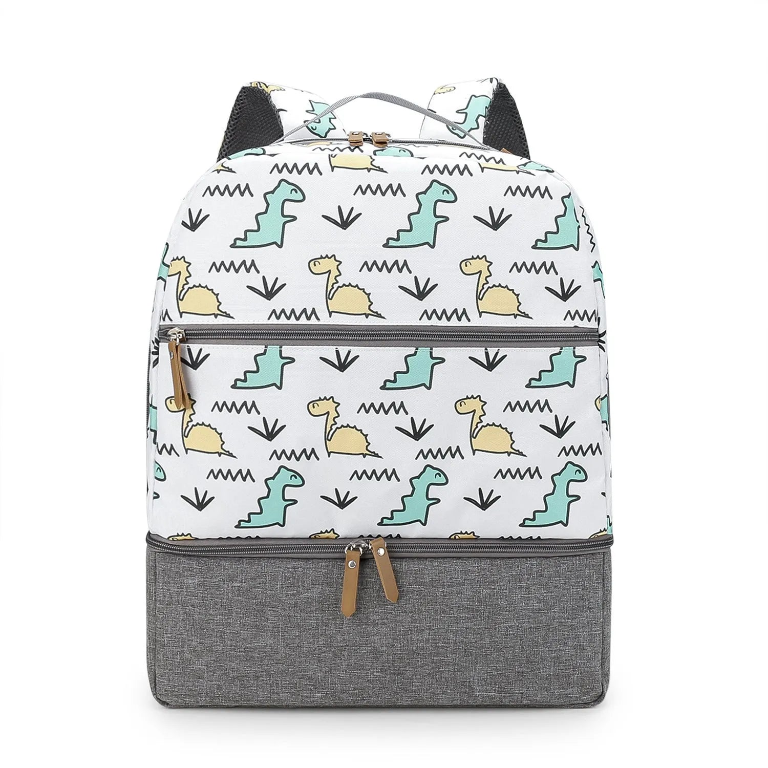 Grey insulated mother and child travel backpack with curved shoulder straps shown from the side